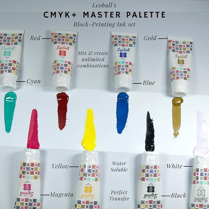Leoball® Water-Soluble Block Printing Ink CMYK+ Master Set of 8 Must-Have Colors with Lustrous Finish, 1.25-Ounce Tubes