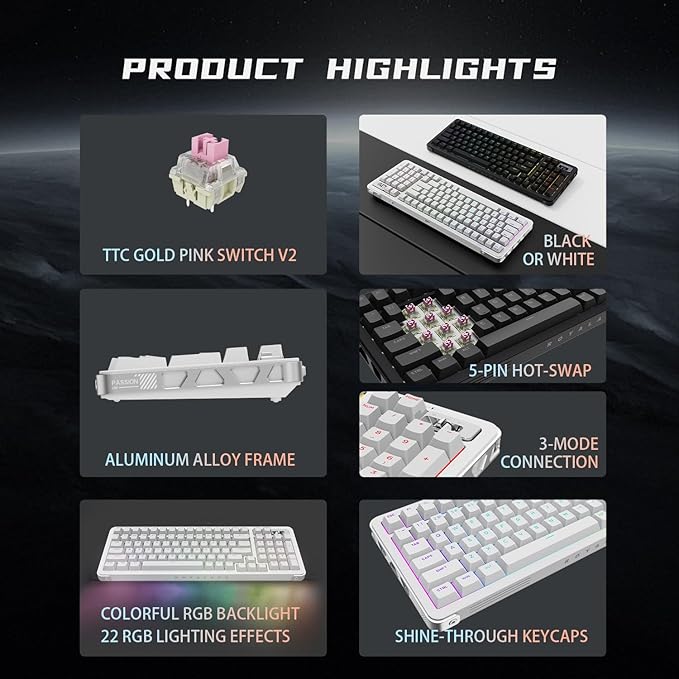 98% Wireless Mechanical Keyboard, BT/2.4G/USB-C Tri-Mode Hot Swappable with PBT Keycaps, Linear Switches, Gasket Structure, RGB Backlit Gaming Keyboard for Win/Mac/iOS/Android