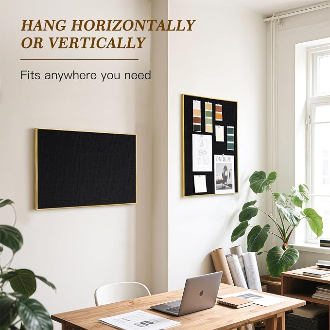 Linen Bulletin Board, 30"x20" Decorative Fabric Pin Board Vision Board | Gold Aluminum Frame, Upgraded Black Canvas Surface, Wall Mounted, for Home Office Bedroom Dorm Wall Decor
