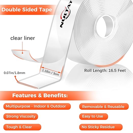 16.5FT Double Sided Tape Heavy Duty, 1.18" x 120" Strong Nano Double Stick Tape, Removable, Washable, Reusable Adhesive Tapes for Wall, Clear Multipurpose Adhesive Mounting Tape (16.5FT)