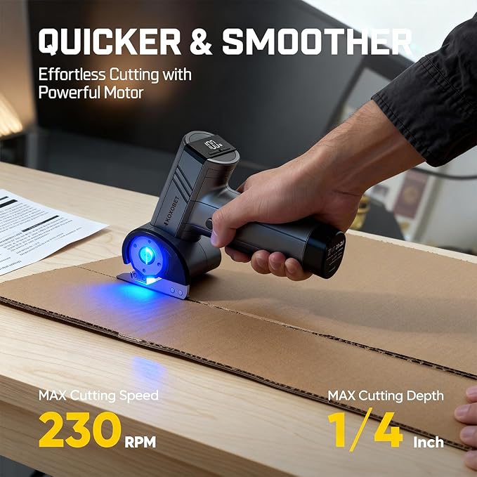 2026 Upgrade 4.2V Cordless Cutting Tool, Cardboard Cutter with LED Display, Brushless Motor, Tungsten Steel 3 Blades, Electric Chop Saw for Fabric, Cardboard, Leather, Carpet- Silver