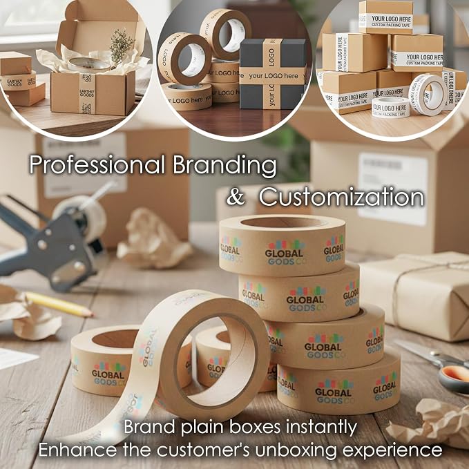 COACO Custom Logo Shipping Tape, Eco-Friendly Custom Water Activated Tape | Reinforced Gummed Paper, Strong Seal Packing Tape for Small Business Branding, White (50')