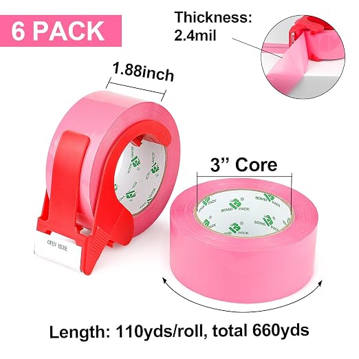 BOMEI PACK Pink Packing Tape with Dispenser, 2.4 Mil 1.88 Inch x 110 Yards, 6 Refills Rolls Pink Color Box Packaging Tape for Moving, Shipping, Mailing and Storage (Pack of 2)