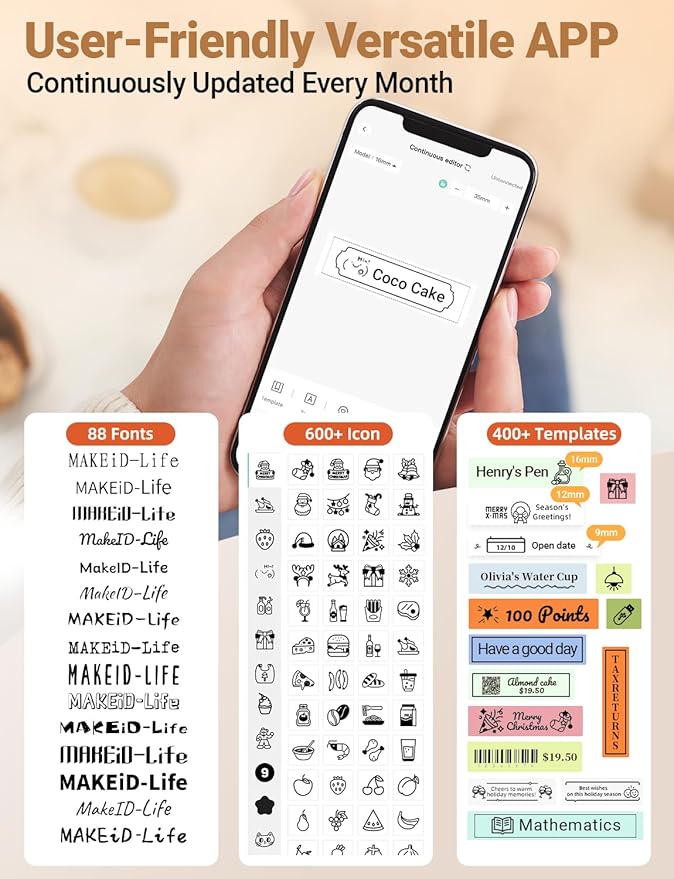 Makeid Label Makers, L1 Label Maker Machine, Portable Wireless Sticker Label Makers for Home, School, Office Use, Rechargeable Thermal Printer with Multiple Fonts, Templates - Beige, 203dpi