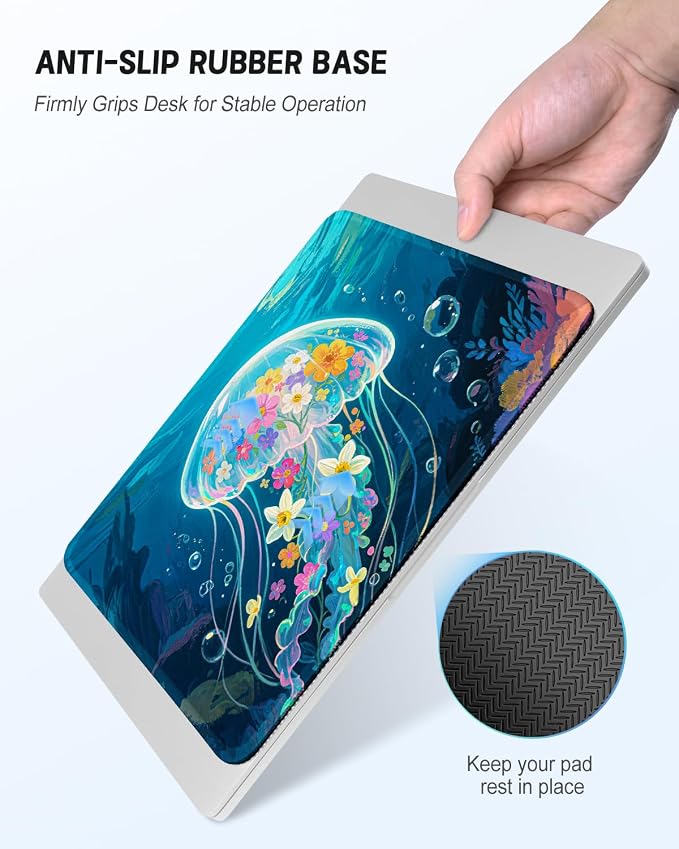Mouse Pad, Cute Mouse Mat, 10" x 8", Colorful Jellyfish | Square Waterproof Gaming Computer Mat, Textured Top, Stitched Edges, Non-Slip Rubber Base for Office Home Laptop Keyboard