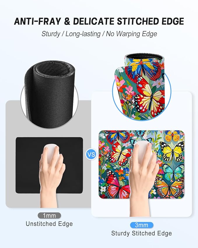Mouse Pad, Cute Mouse Mat, 10" x 8", Colorful Butterfly | Square Waterproof Gaming Computer Mat, Textured Top, Stitched Edges, Non-Slip Rubber Base for Office Home Laptop Keyboard