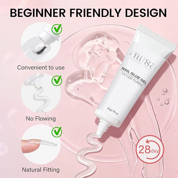 AILLSA Nail Tips with Glue Kit Medium Almond Nail Tips 120pcs, Solid Gel Nail Glue 30g for Acrylic Nail Kit, Full Cover Portable Mini U V Nail Lamp for Women Beginners