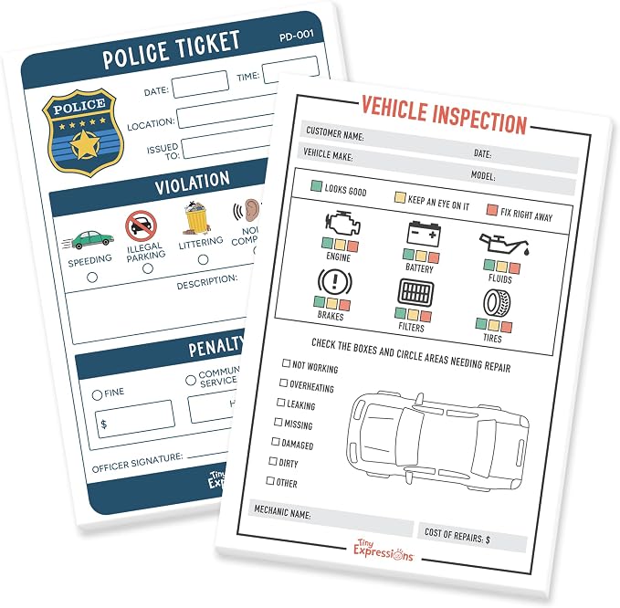Pretend Play Notepads - Police Officer & Vehicle Inspector | 40 Pages Police Ticket & 40 Pages Vehicle Inspection Pads - Officer & Mechanic Imaginative Role Play