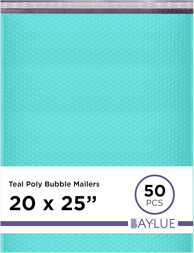 Teal Poly Bubble Mailers 20.x25 Inch #10 | Self Seal Large Padded Envelopes | Air Cushioned Bubble Mailer | Usable Size 20x24 Inch | Waterproof Lightweight Mailing Shipping Bags | 50 Pack