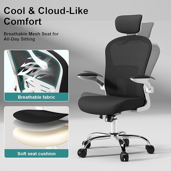 Ergonomic Office Chair - Adjustable Lumbar Support, Headrest, High Back Mesh Desk Chair for Office and Home, 90-120° Reclining Computer Chair with Flip-Up Arms (Panda)