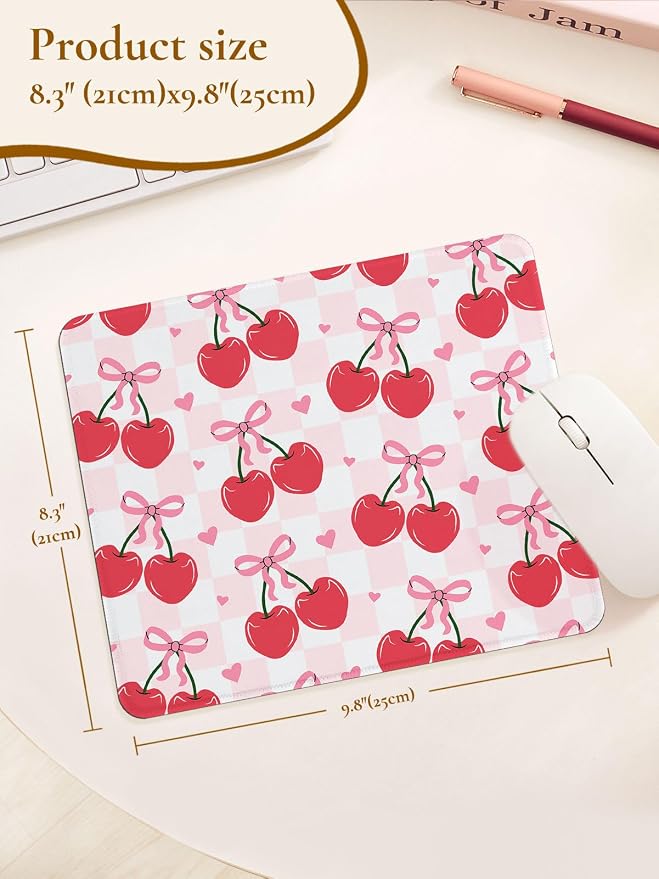 Cute Mouse Pad Red Cherries Pink Bow Heart Plaid Mousepad, Waterproof Mouse Mat Design Cloth, Non-Slip Rubber Base Computer Funny Mouse Pads, Small Mouse Pad Desk Accessories
