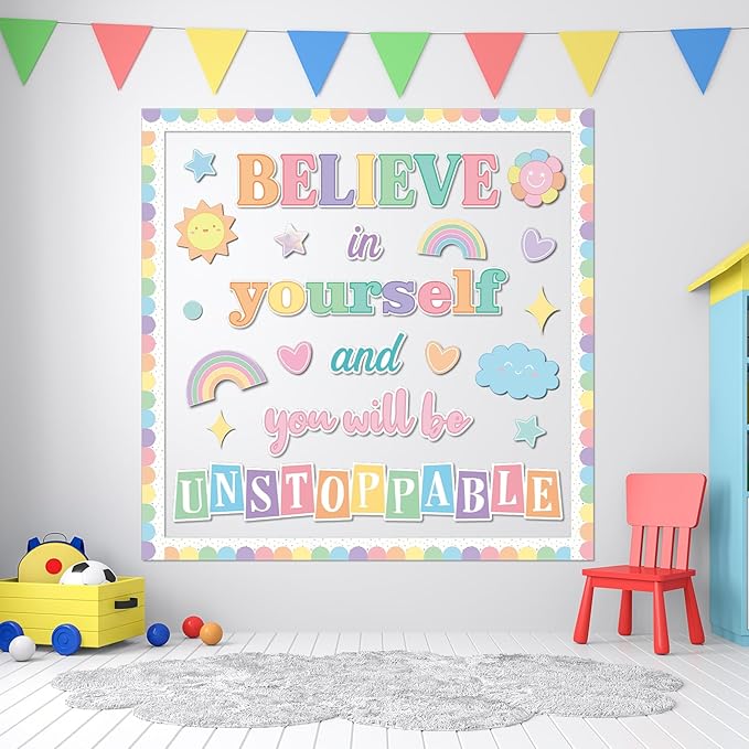 Believe in Yourself Bulletin Board Set Pastel Positive Saying Classroom Bulletin Board Decorations Motivational Cutouts for Back to School Classroom Kindergarten Elementary Middle School Wall Decor