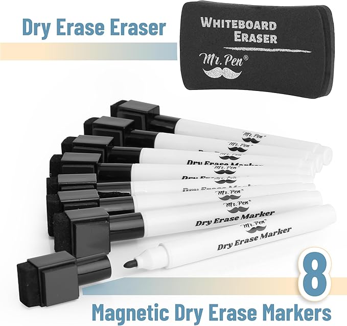 Mr. Pen- Magnetic Dry Erase Markers, 8 Pack with Eraser, Fine Tip Black Dry Erase Pens with Magnet