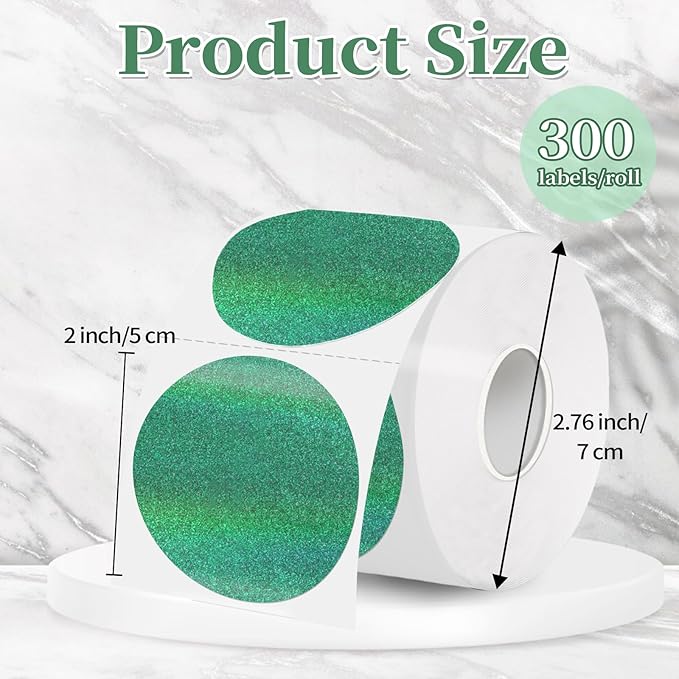 2 Inch Holographic Thermal Labels,Green Round Thermal Printer Labels,Printable Round Thermal Printer Labels Self-Adhesive Direct Thermal Label(300 Labels/Roll Green)