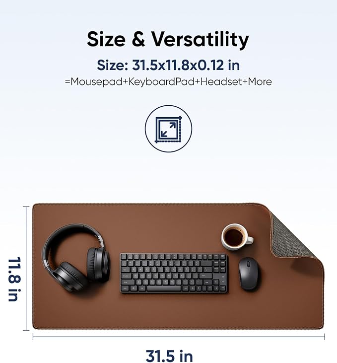 Waterproof Large Gaming Mouse Pad with Durable Stitched Edges, Non-Slip Rubber Base, Grainy Jacquard Mouse Mat Desk Pad for Home Office Gaming, 31.5''x11.8''x0.12'', Matte Brown