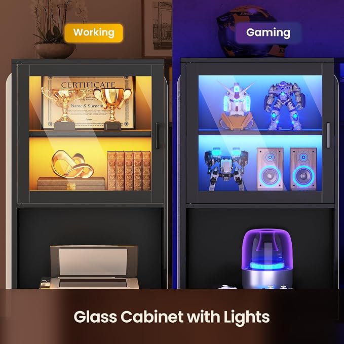 SEDETA Farmhouse L Shaped Computer Desk with Double Hutch, Storage Drawers | 68" Large L Shaped Corner Gaming Desk with LED Lights, Shelves, Display Cabinet, Power Outlet for Home Office, Black