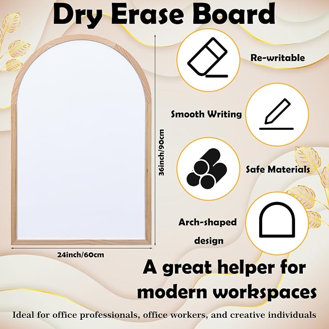 Dry Erase Board, 36" x 24" Magnetic Erasable Whiteboard, Arched Large Semi-Circular Whiteboard, Gold Rustic Wood Frame, Bohemian Style Design for Home, Classroom, Office, School