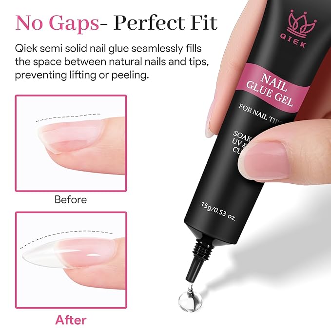 Nail Tips Gel Glue 2Pcs*15g - Lamp Curing Solid Nail Glue for False Acrylic Nails, Crystal Clear Long Lasting 28 Days No Yellowing Salon Quality DIY Home Manicure Beginner-Friendly