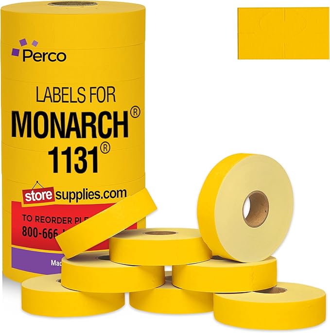 Perco Yellow Pricing Labels for Monarch 1131 Price Gun - 1 Sleeve, 8 Rolls, 20,000 Price Marking Labels - with Ink Roll Included