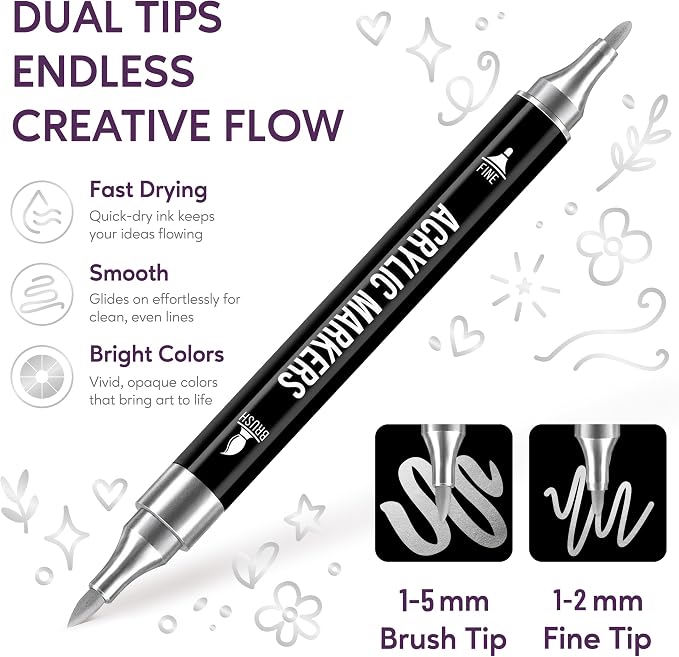 Pagather Silver Acrylic Paint Markers, 12 Dual Tip with Fine Tip and Brush Tip Pens for Fabric, Stone, Wood, Canvas, Ceramic, Metal, Glass, Rock Painting, DIY Crafts
