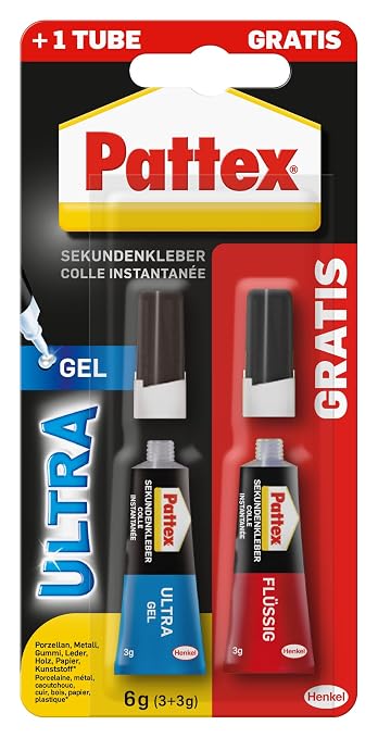Pattex Super Glue Ultra Gel, Extra Strong & Flexible Super Adhesive, Shock & Water Resistant, for e.g. Rubber, Leather, Wood, 3 g + 3 g Quick Drying Second Glue Liquid Free, 9H PSGLB