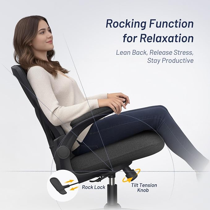 Office Desk Chair for Long Hours & Lower Back Pain Relief – 4“ Thick Molded Foam Cushion, Enhanced Lumbar Support, Padded Flip-up Armrests, Ideal for Office or Study (Black)