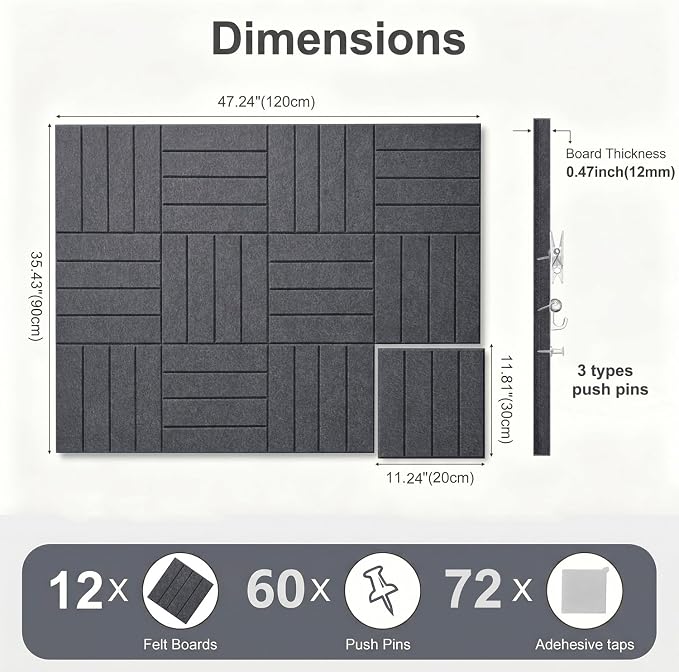 0.47" Thick Felt Wall Tiles 48"x36" Cork Board Alternative 12Pack 11.81"x11.81"Felt Bulletin Board Pin Board with Removable Adhesive tape&60 Pushpins for Home Office School(Bold-Charcoal Grey)