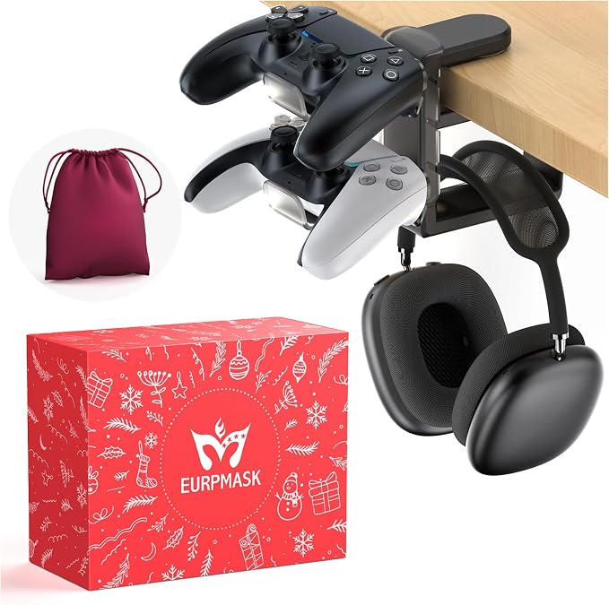 EURPMASK 3-in-1 Rotating Headphone Stand w/2 Detachable Controller Holders | Adjustable Clamp-on Headset Holder Hanger,Swivel,Gaming Headset Hanger,Cable Organizer,Father's Day Birthday Christmas Gift