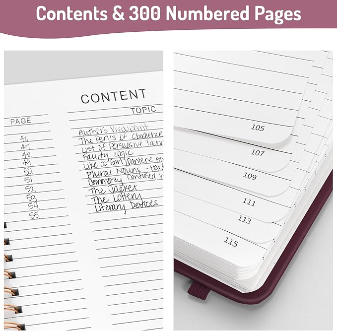 Forvencer Lined Spiral Journal Notebook with 300 Numbered Pages, B5 College Ruled Thick Journals for Writing with 100GSM Paper, Hardcover Notebooks with Contents for Work, School, Women, Men, Burgundy