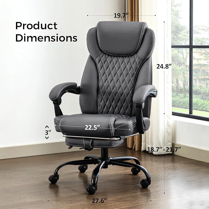 amseatec Big and Tall Office Chair with Footrest, Lumbar Support, Grey | Ergonomic Leather High Back, Infinite Lock Reclining 90°-135°, 20 Spring Packs, 300lbs Capacity, Executive Desk Chair
