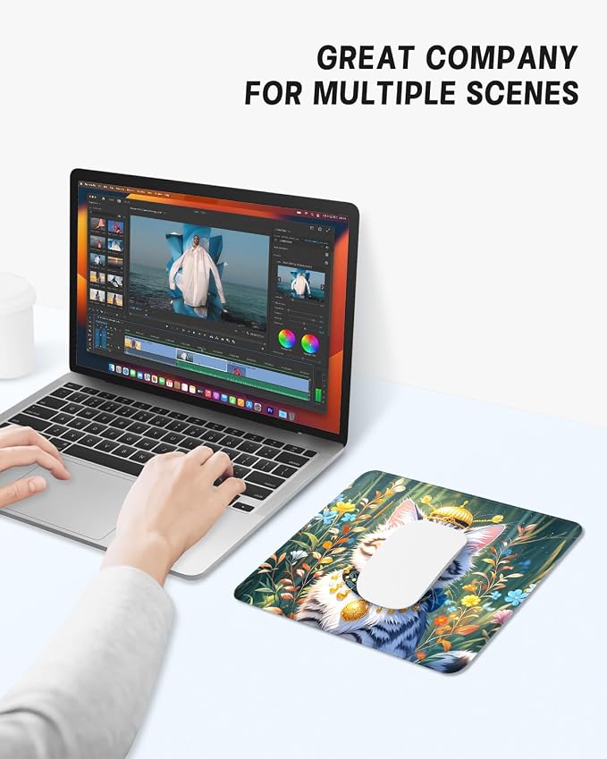 Mouse Pad, Cute Mouse Mat, 10" x 8", King Cat | Square Waterproof Gaming Computer Mat, Textured Top, Stitched Edges, Non-Slip Rubber Base for Office Home Laptop Keyboard