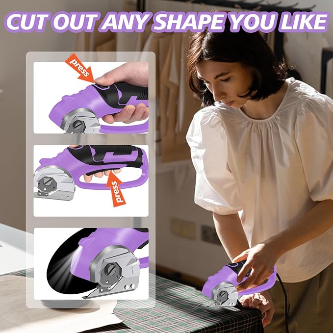 Cordless Electric Scissors, 4V Rechargeable Box Cutter & Cardboard Cutter with LED Light, Safety Lock - Rotary Cutter for Fabric, Leather, Carpet, Plastic, Crafting, Sewing with Storage Box(Purple)