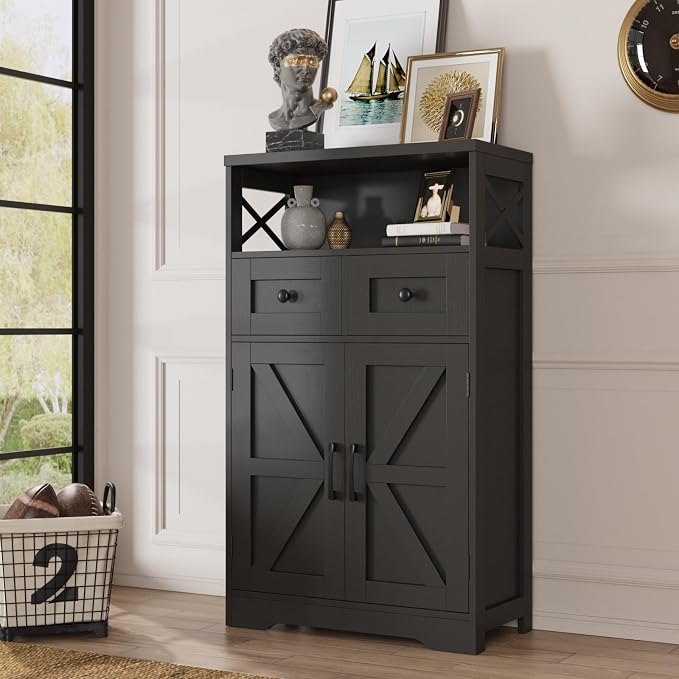 Farmhouse Storage Cabinet with Drawers, Small Kitchen Pantry Cabinet, Black | Accent Coffee Bar Cabinet Cupboard, 2 Drawers, 2 Barn Doors & Adjustable Shelves, for Kitchen/Entryway/Living Room/Bathroom