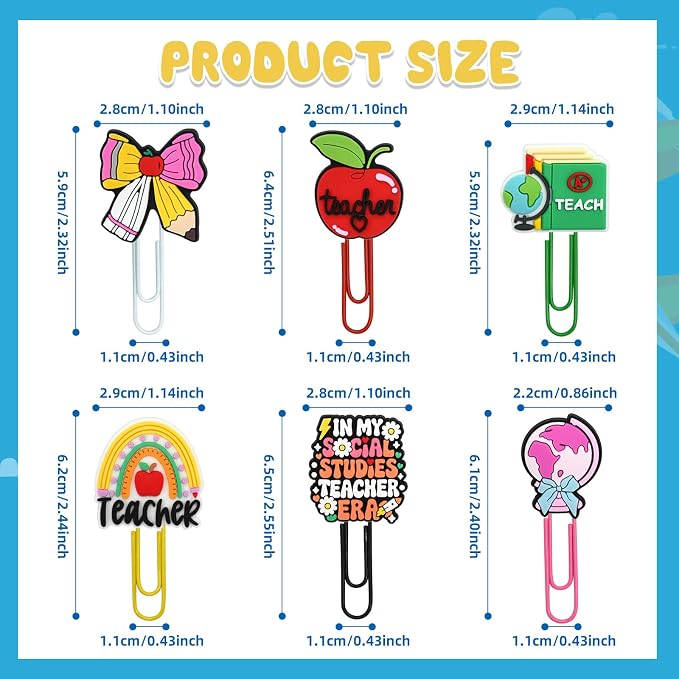 30 PCS Teacher Paper Clips Metal Paperclip Large Size Paper Clip Cute Bookmark Colorful Office Supplies Bookmark Clamp Desk Accessories Stationery Gifts