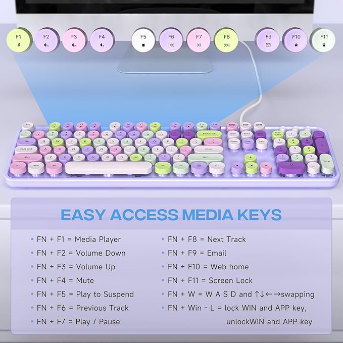 Computer Keyboard Wired, Plug and Play USB Retro Round Typewriter Keyboard, Full Size Wired Keyboard with Foldable Stands for Laptop and Office PC