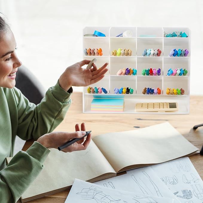 MotiMind Acrylic Pen Organizer Storage for 200 Markers Vertical Marker Organizer Acrylic Pen Display Holder for Office Desk Desktop Stationery Pencil Storage, White, 13 x 4 x 10.2 Inch