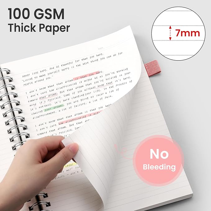 EMSHOI Lined Spiral Journal Notebook, 300 Pages, B5 Size (7.4'' x 10.1'') | College Ruled, 100 GSM Thick Paper, Flexible Plastic Cover, for School, Writing, Work, Office & Journaling (Pink)