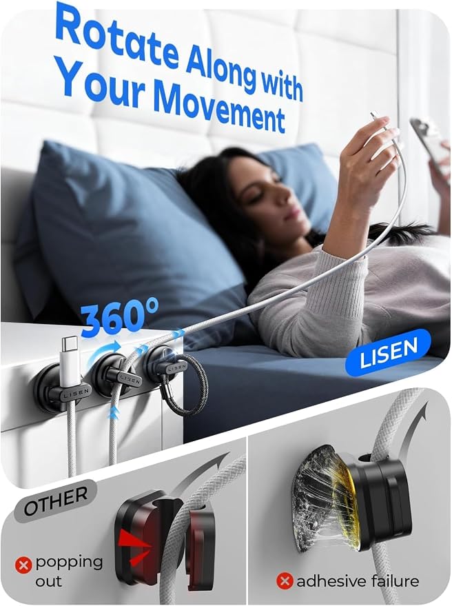 6-Pack 360°Rotating Cord Holder for Nightstand, LISEN Magnetic Clips | No-Residue Strong Adhesive Cord Organizer for Desk, Phone Cord Holder for Home, Car, Office Desk Accessories
