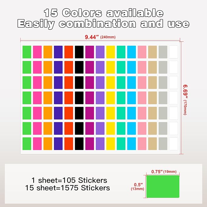 PARLAIM Pack of 1575 Rectangle Color Coding Labels,1/2" x 3/4" Rectangular Stickers in 15 Colors Rectangle Folder File Labels for Office and Home