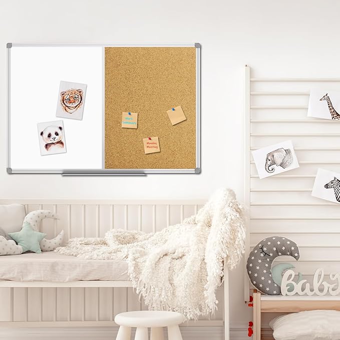 JILoffice White Board & Bulletin Corkboard Combination, Combo Board 36 x 24 Magnetic Whiteboard, Silver Aluminum Frame Wall Mounted Board for Office Home and School with 10 Push Pins
