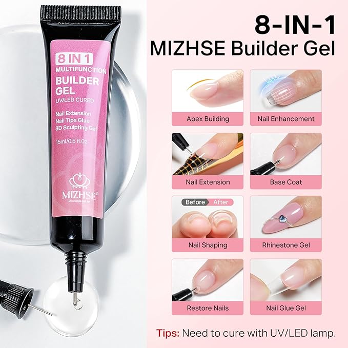 MIZHSE 8 in 1 Builder Gel for Nails, 2Pcs Clear Hard Builder Gel for Nails Strengthen Thickening Tip Design Rhinestone Nail Glue U V LED Extension Gels Kit for Nail Art Design