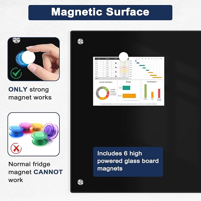 Magnetic Black Glass Dry Erase Board, 8' x 4', Frameless Wall Mount | 96" x 48" Large Glass Whiteboard for Wall, Includes 1 Marker Tray and 10 Magnets, White Board for Office, Home, Classroom