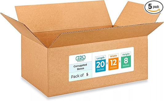Large Shipping & Moving Boxes 20 x 12 x 8 inches (5-Pack) - Extra Strength 200 lb vs Regular - USA-Made Corrugated Cardboard Boxes for USPS/UPS/FEDEX - Strong Large Box by IDL Packaging -