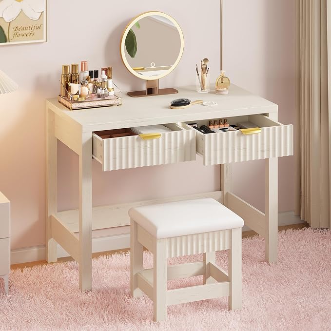 32 Inch Small Fluted Computer Desk with 2 Drawers & Stool for Bedroom | Vanity Desk with Stool, White Computer Desk with Storage, Compact Writing Study Table for Small Spaces