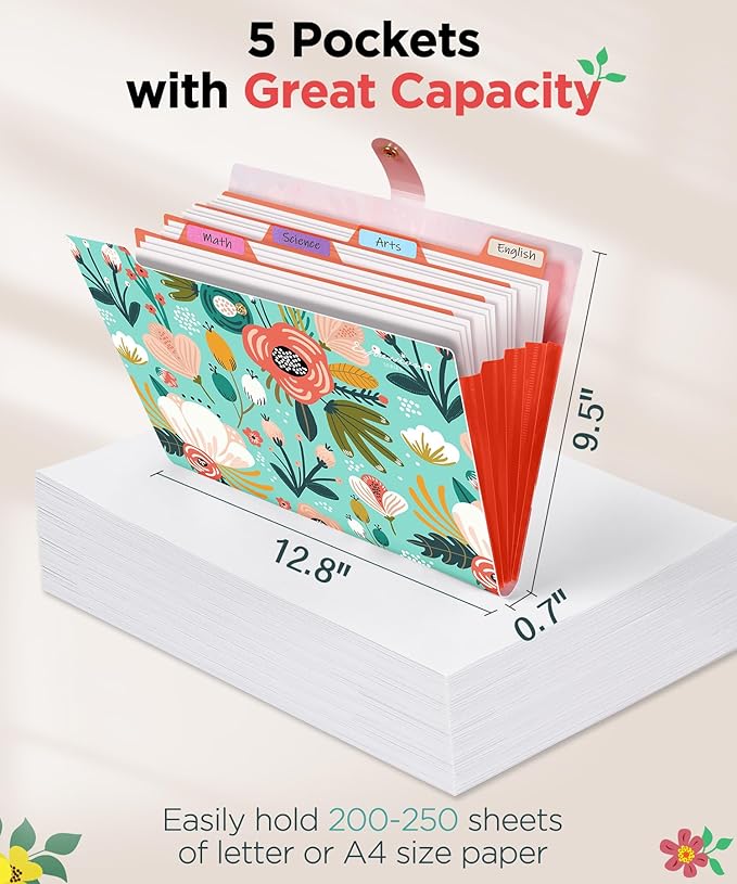 Sooez File Folders Organizer, Folders with 5 Pockets, Folders for Documents | Accordion File Organizer w/Sticker, Paper Receipt Bill Filing Organizer, School College Office Travel Essentials Supplies