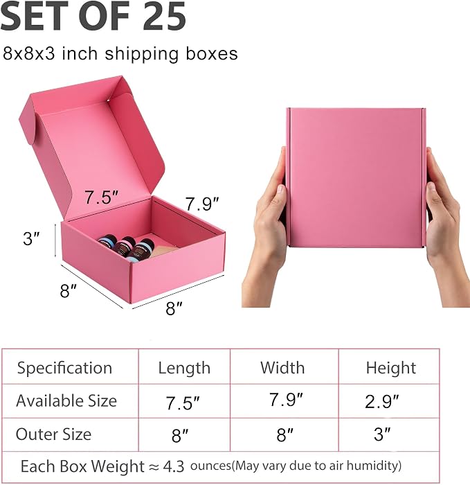 8x8x3 inch Pink Shipping Boxes for Small Business- Set of 25 | Sturdy ECT 32 Corrugated Cardboard Mailer Boxes, Easy Assemble for Packaging, Mailing, Gift