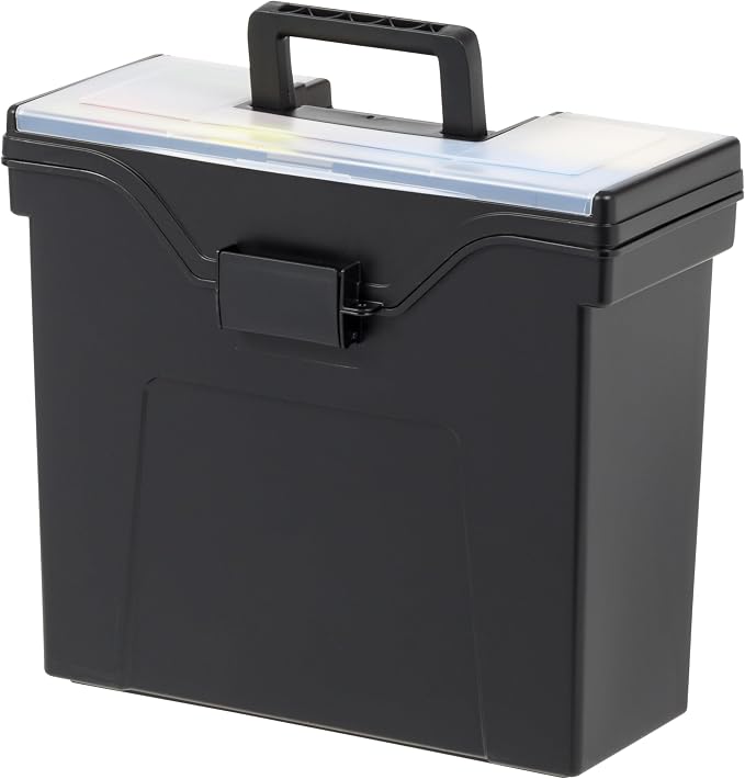 IRIS USA Slim Portable File Box Organizer with Lid, Letter Files, Black | Carry letter size files, folders and paperwork with a slim portable design and secure storage for everyday organization