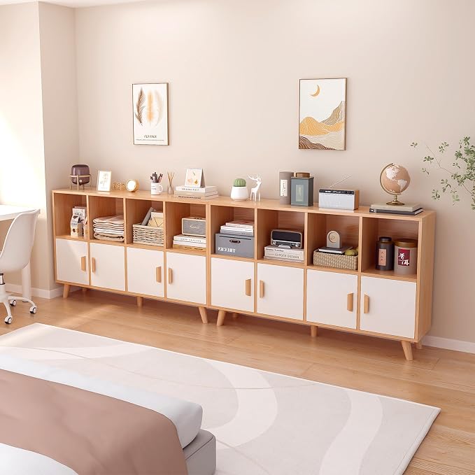8-Cube Bookcase with Doors, 2-Tier Low Storage Cabient, Oak | Solid Wood Legs and Door Handles, Cubby Shelf with 4 Doors, Fits 11×11" Bins for Home & Office