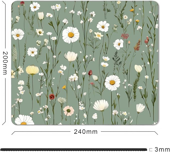 Green Floral Mouse Pad Small, Daisy Flower Mousepad, Wildflower Butterfly Mouse Pad for Laptop, Office, Gaming, Boho Plant Square Computer Pad, Coworker Gift for Women Girls