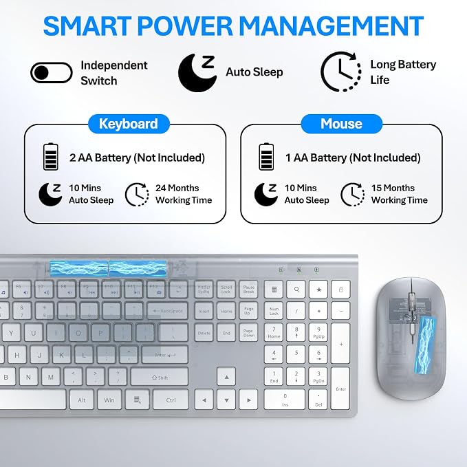 Wireless Keyboard and Mouse Combo, Ultra Slim Full Size Silent Keyboard | Scissor switch keys, quiet typing and clicking, 3 DPI adjustable mouse, 2.4GHz USB, for Computer,Windows, Mac, Laptop, PC